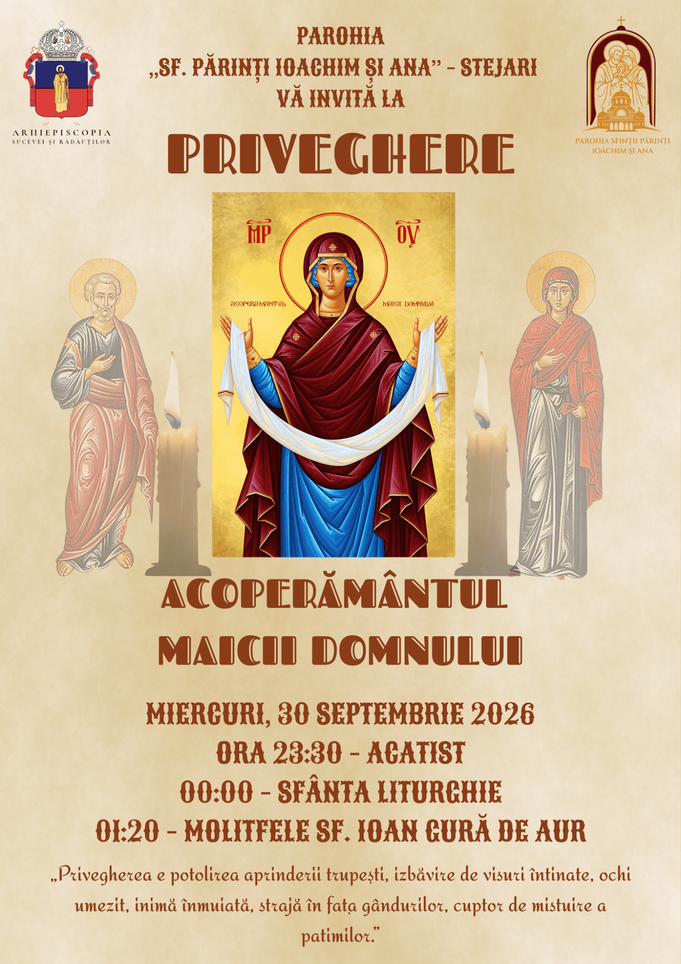 Priveghere în cinstea Acoperământului Maicii Domnului, la Parohia „Sf. Părinți Ioachim și Ana” – Stejari